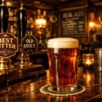 Qué es el cask ale, la cerveza que fermenta y se sirve del mismo barril sin gas añadido 2 Cask ale servido con hand pump en un pub británico — real ale con segunda fermentación en barrica