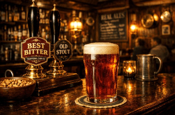 Qué es el cask ale, la cerveza que fermenta y se sirve del mismo barril sin gas añadido 5 Cask ale servido con hand pump en un pub británico — real ale con segunda fermentación en barrica