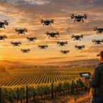 Drones con inteligencia artificial monitoreando un viñedo en la revolución tecnológica del vino