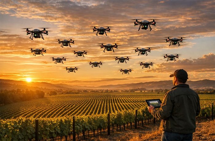 La revolución de la IA ya está transformando el mundo del vino 5 Drones con inteligencia artificial monitoreando un viñedo en la revolución tecnológica del vino