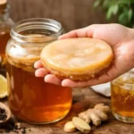 Mano sosteniendo un SCOBY sobre un tarro de kombucha fermentado con té negro, jengibre y limón