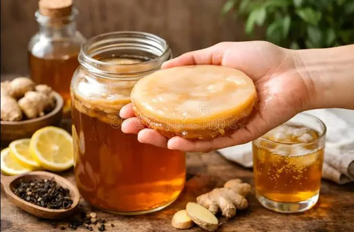 Mano sosteniendo un SCOBY sobre un tarro de kombucha fermentado con té negro, jengibre y limón