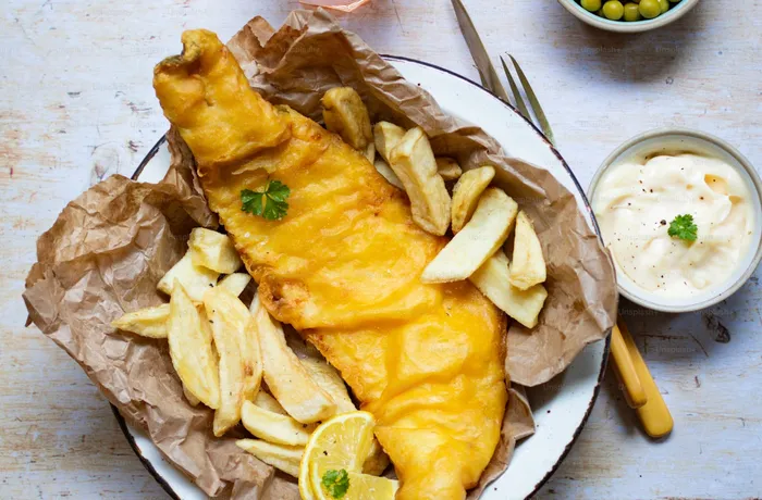 Pescado rebozado con cerveza fría, crujiente y dorado sobre papel absorbente