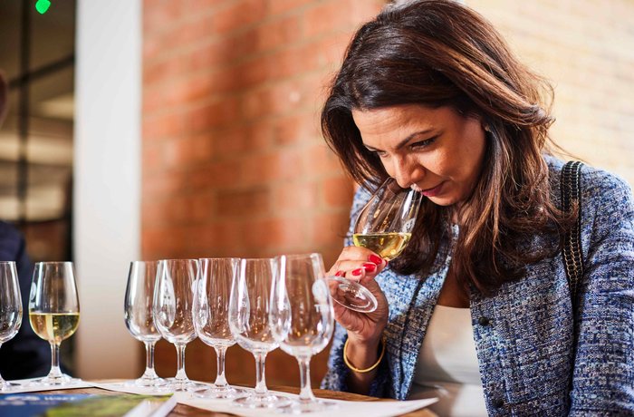 Sala de cata de vinos del WSET con copas alineadas