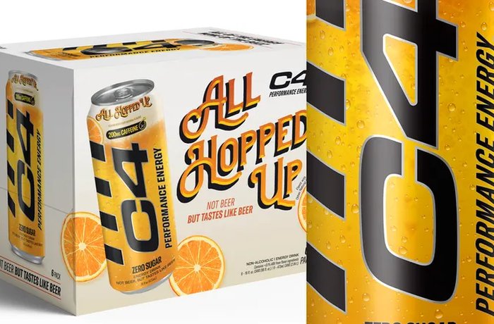 Lata y six-pack de All Hopped Up, el energizante sin alcohol sabor cerveza de C4