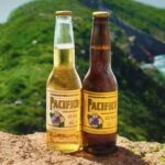 Botellas de cerveza Pacífico de Mazatlán sobre una roca frente al mar