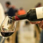 Joven consultando una aplicación de IA para elegir una botella de vino