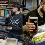 Gabriel Boric leyendo un libro con un shop de cerveza y un completo en un local del centro de Santiago de Chile