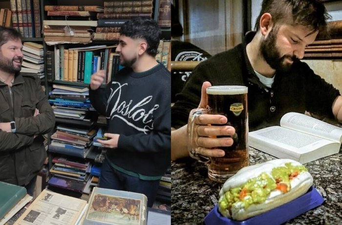 Gabriel Boric leyendo un libro con un shop de cerveza y un completo en un local del centro de Santiago de Chile