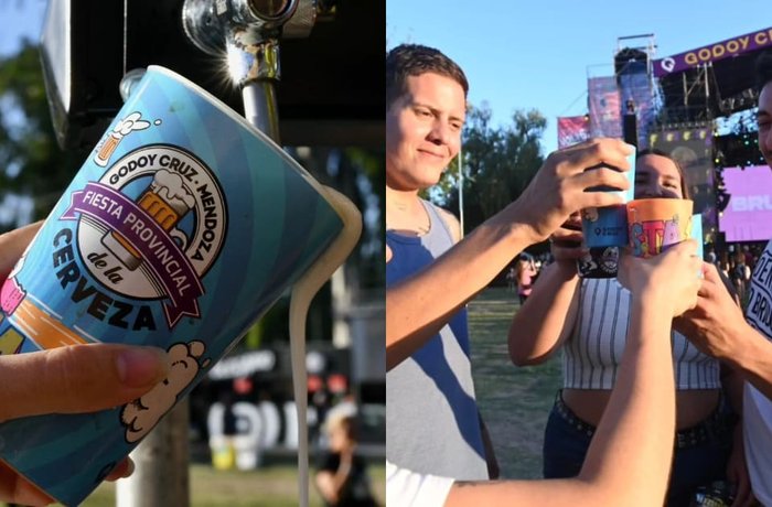 Vaso de la Fiesta Provincial de la Cerveza de Godoy Cruz, Mendoza, y público brindando frente al escenario