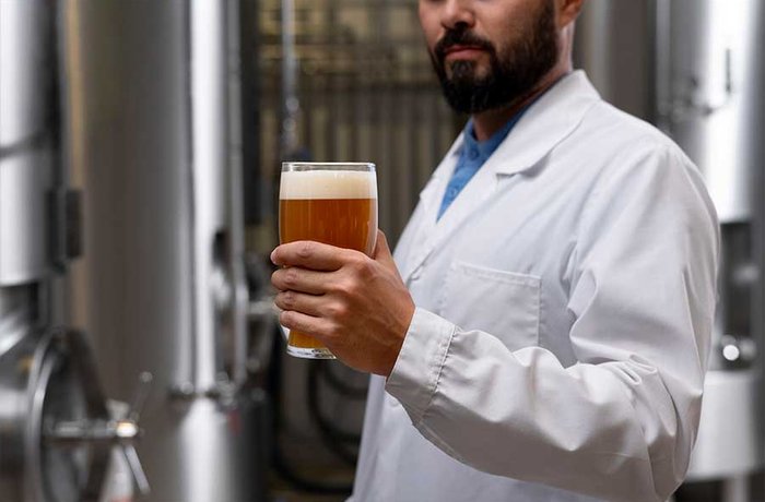 Investigador con un vaso de cerveza en una sala de fermentación, estudio del CIAD sobre biogás a partir de residuos cerveceros en México